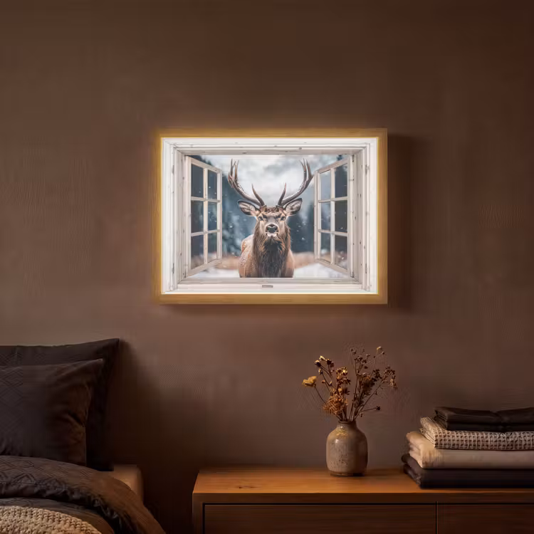 Hert - Dieren - Landschap - Winter - Sneeuw - Doorkijk - Natuur Light Box met batterij (Wandlamp) middel -sfeer4
