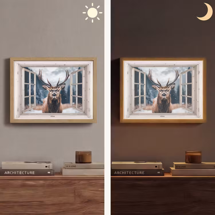 Hert - Dieren - Landschap - Winter - Sneeuw - Doorkijk - Natuur Light Box met batterij (Wandlamp) middel -sfeer3
