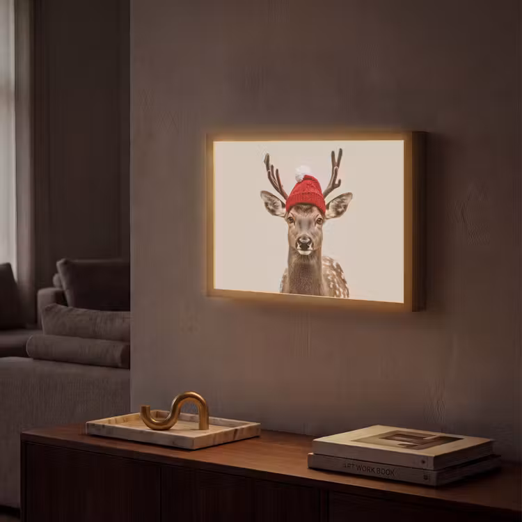 Hert - Kerst - Muts - Dieren - Winter - Grappig Light Box met batterij (Wandlamp) middel -sfeer1