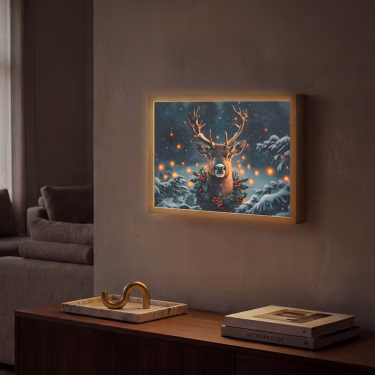 Hert - Kerst - Winter - Sneeuw - Kerstkrans Light Box met batterij (Wandlamp) middel -sfeer1