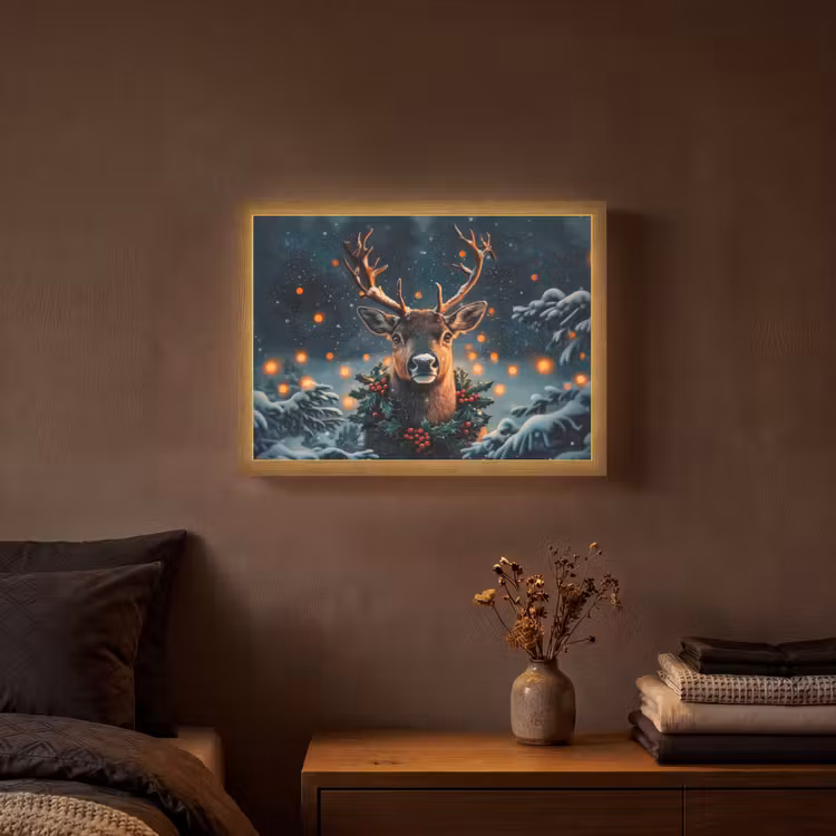 Hert - Kerst - Winter - Sneeuw - Kerstkrans Light Box met batterij (Wandlamp) middel -sfeer4