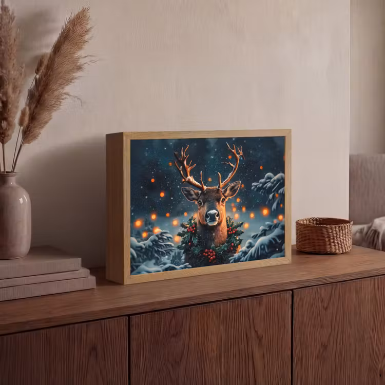 Hert - Kerst - Winter - Sneeuw - Kerstkrans Light Box met batterij (Wandlamp) middel -sfeer2