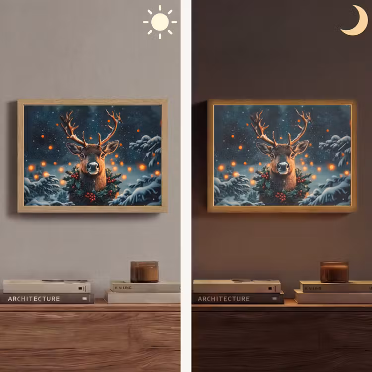 Hert - Kerst - Winter - Sneeuw - Kerstkrans Light Box met batterij (Wandlamp) middel -sfeer3