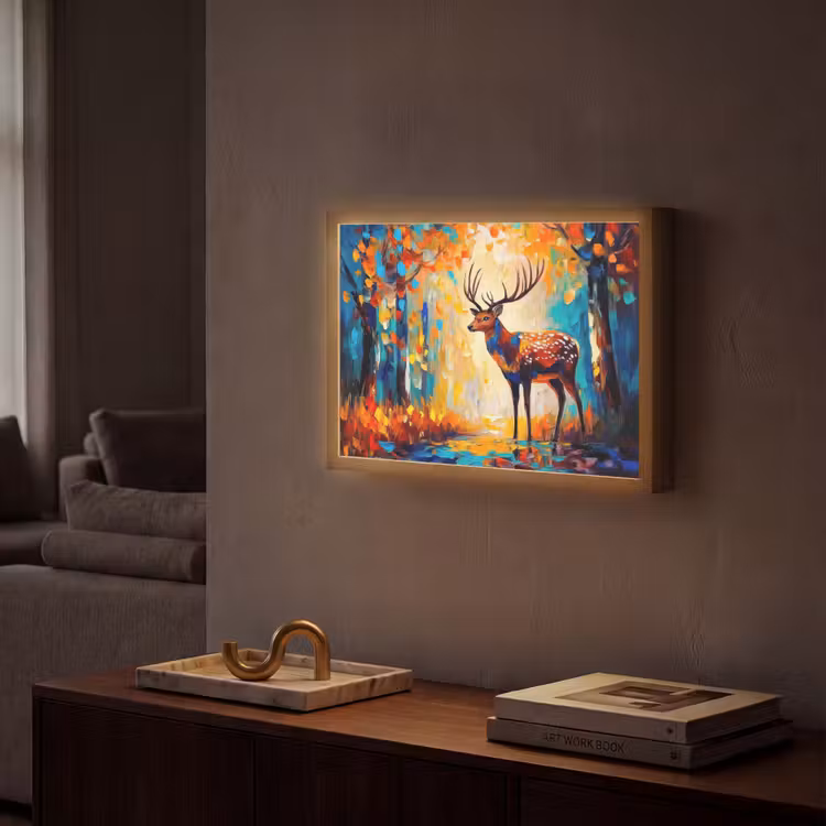 Hert - Bosdieren - Natuur - Kunst Light Box met batterij (Wandlamp) middel -sfeer1