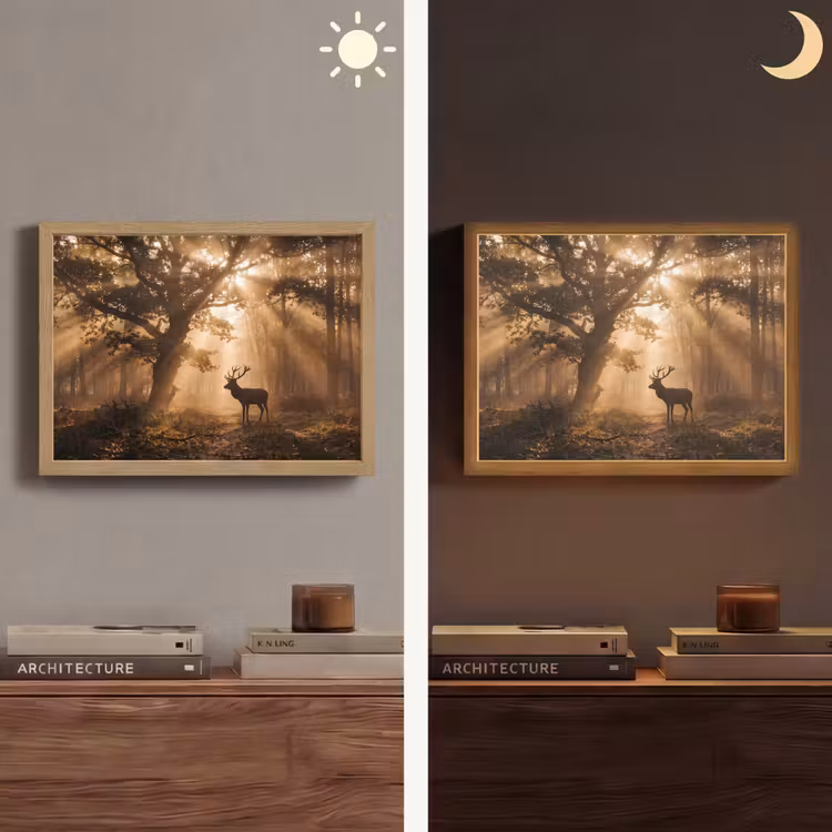 Hert - Bos - Mistig - Natuur - Goud Light Box met batterij (Wandlamp) middel -sfeer3