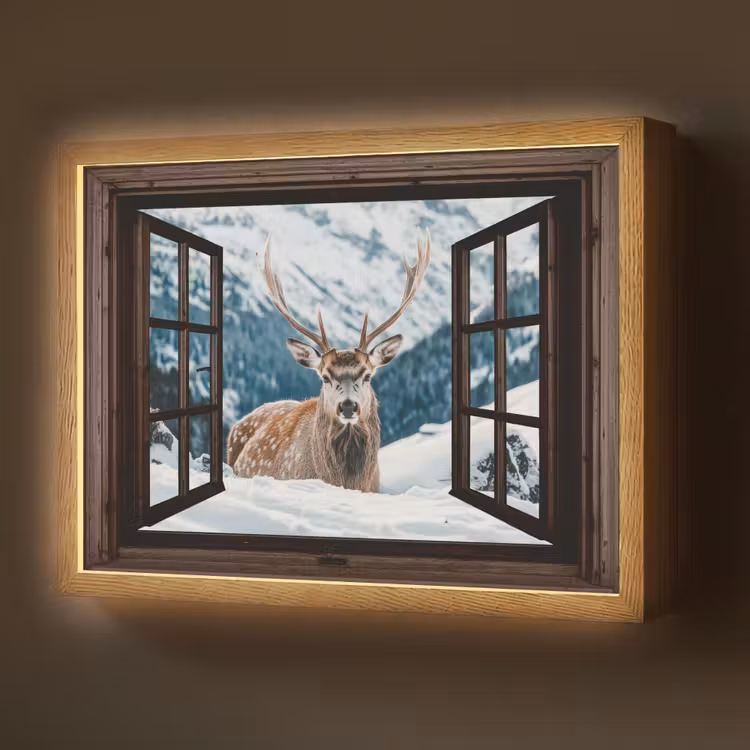 Hert - Landschap - Winter - Natuur - Dieren - Doorkijk - Bergen Light Box met batterij (Wandlamp) middel -z3d_website