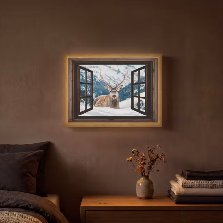 Hert - Landschap - Winter - Natuur - Dieren - Doorkijk - Bergen Light Box met batterij (Wandlamp) middel -sfeer4