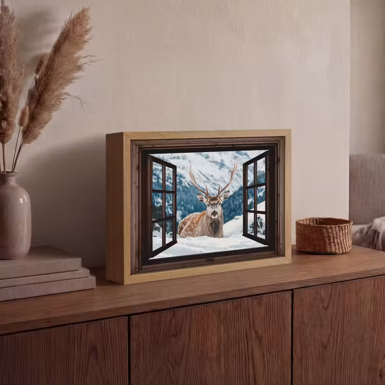 Hert - Landschap - Winter - Natuur - Dieren - Doorkijk - Bergen Light Box met batterij (Wandlamp) middel -sfeer2