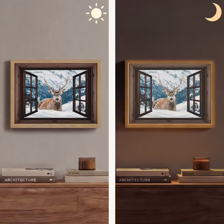 Hert - Landschap - Winter - Natuur - Dieren - Doorkijk - Bergen Light Box met batterij (Wandlamp) middel -sfeer3
