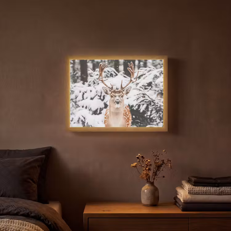Hert - Sneeuw - Winter - Bos - Dieren Light Box met batterij (Wandlamp) middel -sfeer4