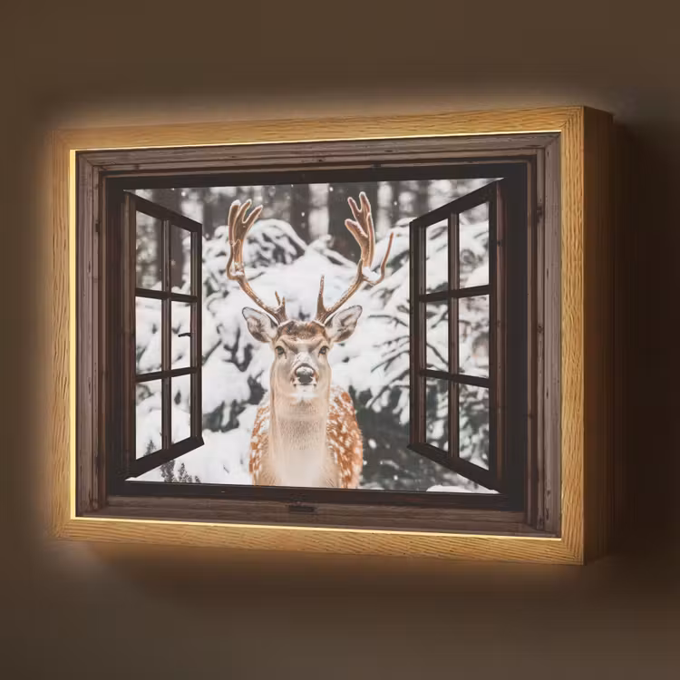 Hert - Sneeuw - Winter - Bos - Dieren - Doorkijk Light Box met batterij (Wandlamp) middel -z3d_website