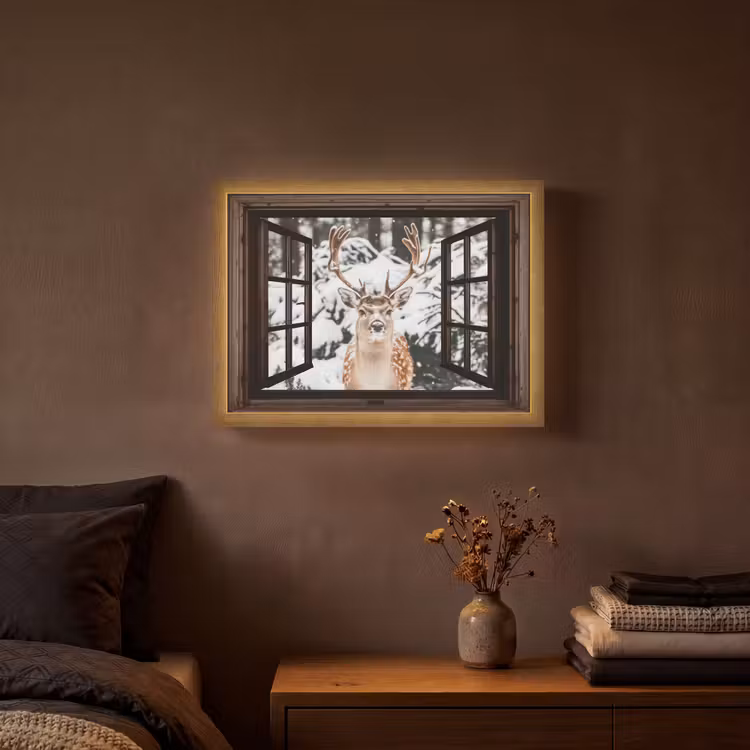 Hert - Sneeuw - Winter - Bos - Dieren - Doorkijk Light Box met batterij (Wandlamp) middel -sfeer4