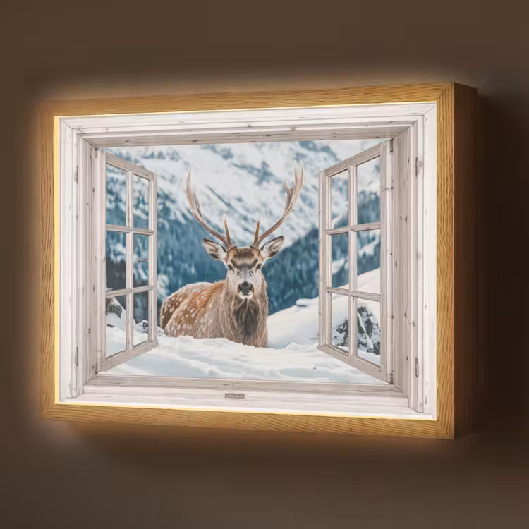Hert - Winterlandschap - Natuur - Dieren - Doorkijk - Bergen Light Box met batterij (Wandlamp) middel -z3d_website