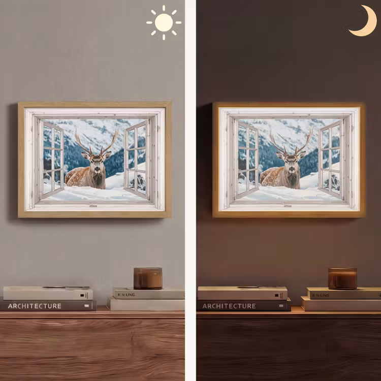 Hert - Winterlandschap - Natuur - Dieren - Doorkijk - Bergen Light Box met batterij (Wandlamp) middel -sfeer3