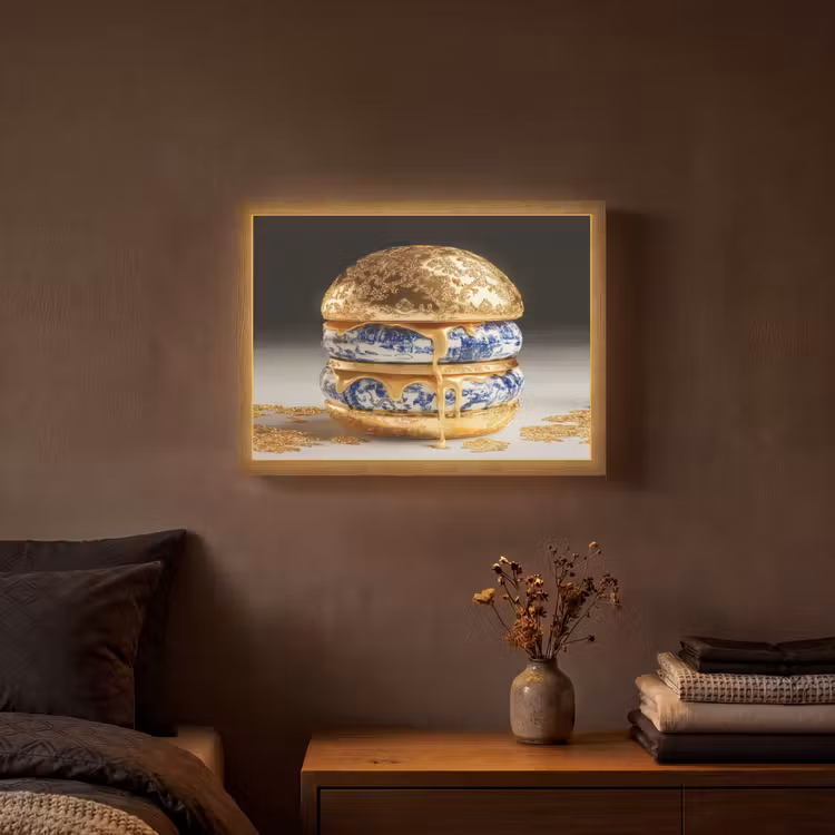 Delftsblauw - Goud - Burger Light Box met batterij (Wandlamp) middel -sfeer4