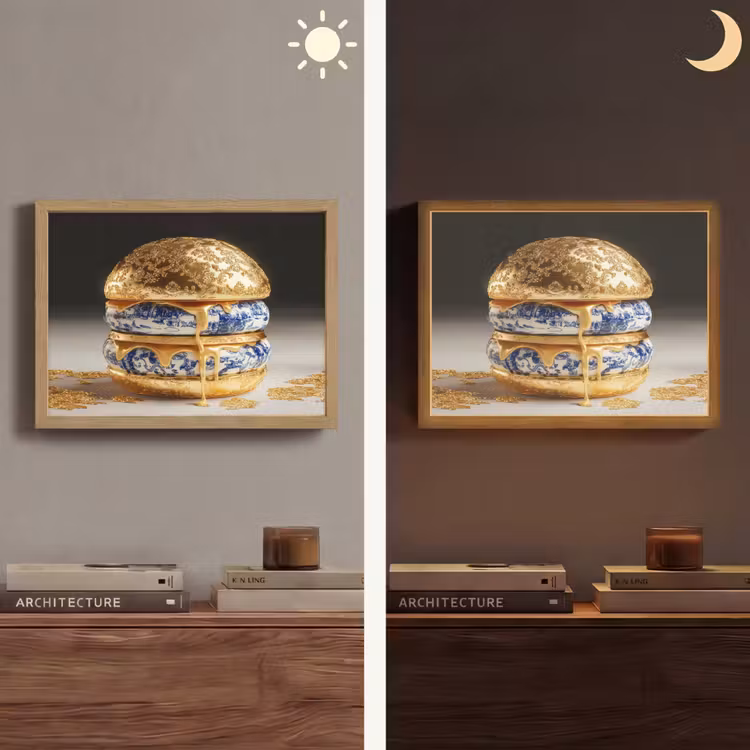 Delftsblauw - Goud - Burger Light Box met batterij (Wandlamp) middel -sfeer3