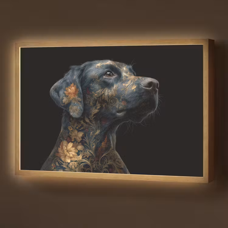 Hond - Zwart - Bloemen Light Box met batterij (Wandlamp) middel -z3d_website