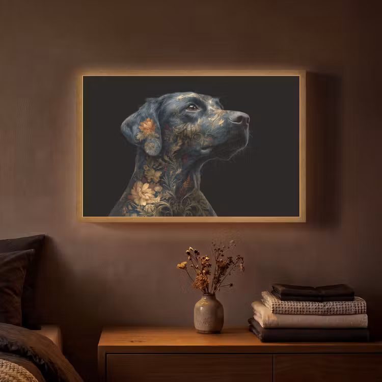 Hond - Zwart - Bloemen Light Box met batterij (Wandlamp) middel -sfeer4
