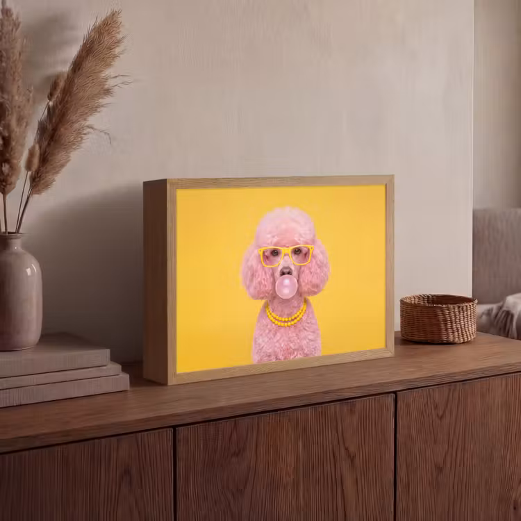 Hond - Kauwgum - Dieren - Modern - Roze Light Box met batterij (Wandlamp) middel -sfeer2