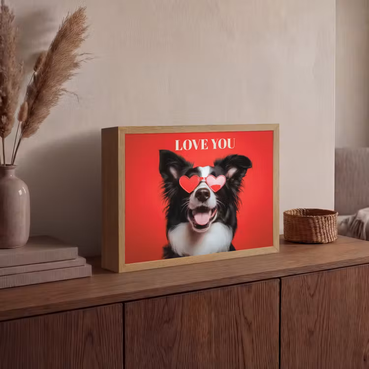 Hond - Hartjesbril - Loveyou - Rood Light Box met batterij (Wandlamp) middel -sfeer2