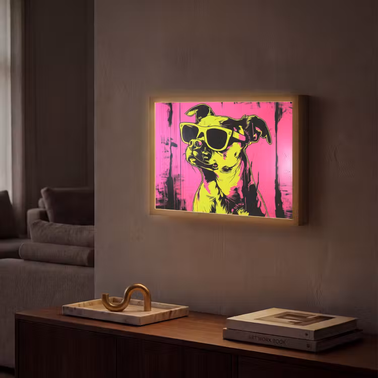 Hond - Zonnebril - Roze - Art Light Box met batterij (Wandlamp) middel -sfeer1