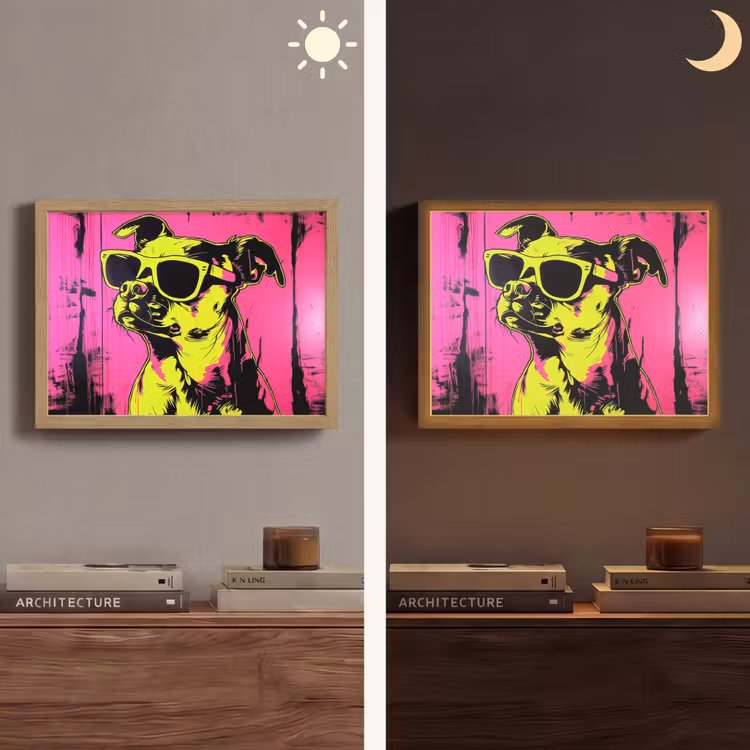 Hond - Zonnebril - Roze - Art Light Box met batterij (Wandlamp) middel -sfeer3