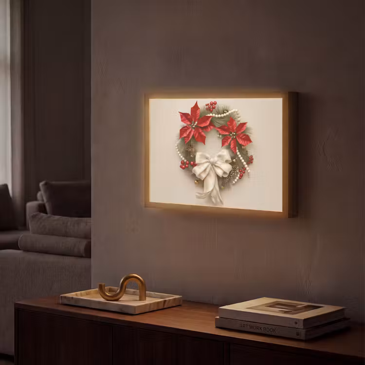 Deurkrans - Strik - Kerst - Rood - Groen Light Box met batterij (Wandlamp) middel -sfeer1