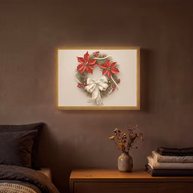 Deurkrans - Strik - Kerst - Rood - Groen Light Box met batterij (Wandlamp) middel -sfeer4
