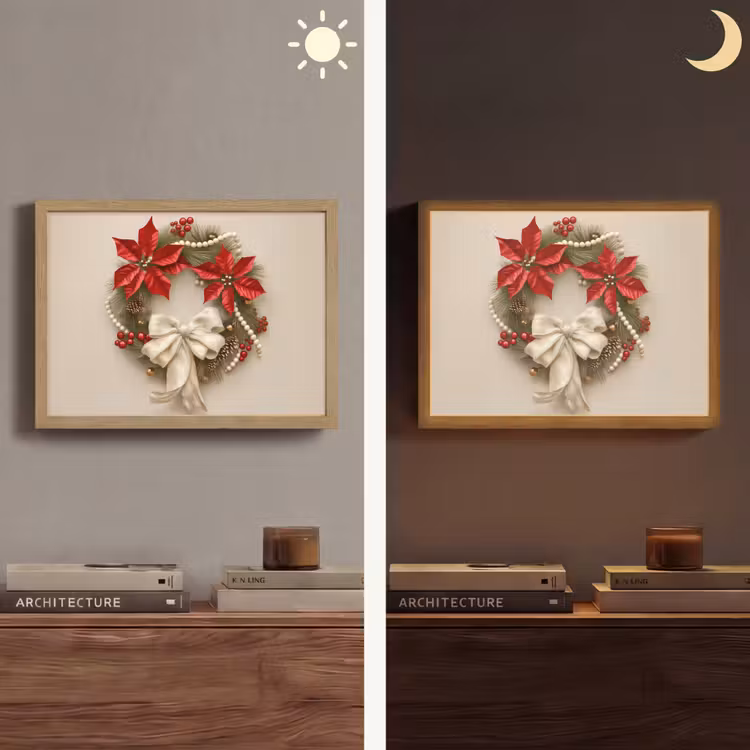 Deurkrans - Strik - Kerst - Rood - Groen Light Box met batterij (Wandlamp) middel -sfeer3