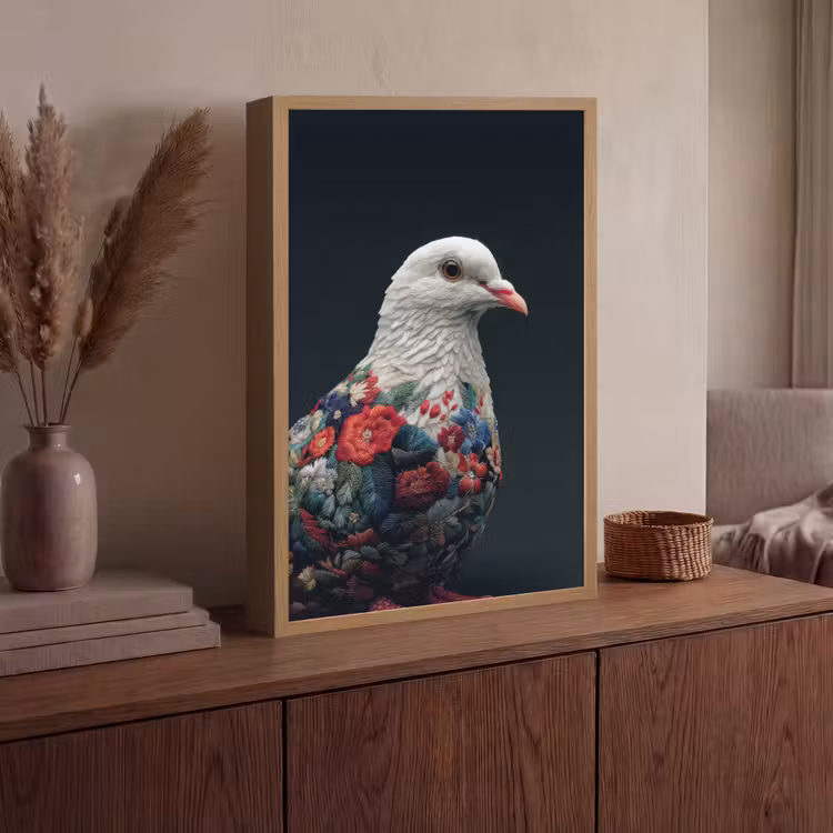Duif - Bloemen - Wit - Zwart Light Box met batterij (Wandlamp) middel -sfeer2