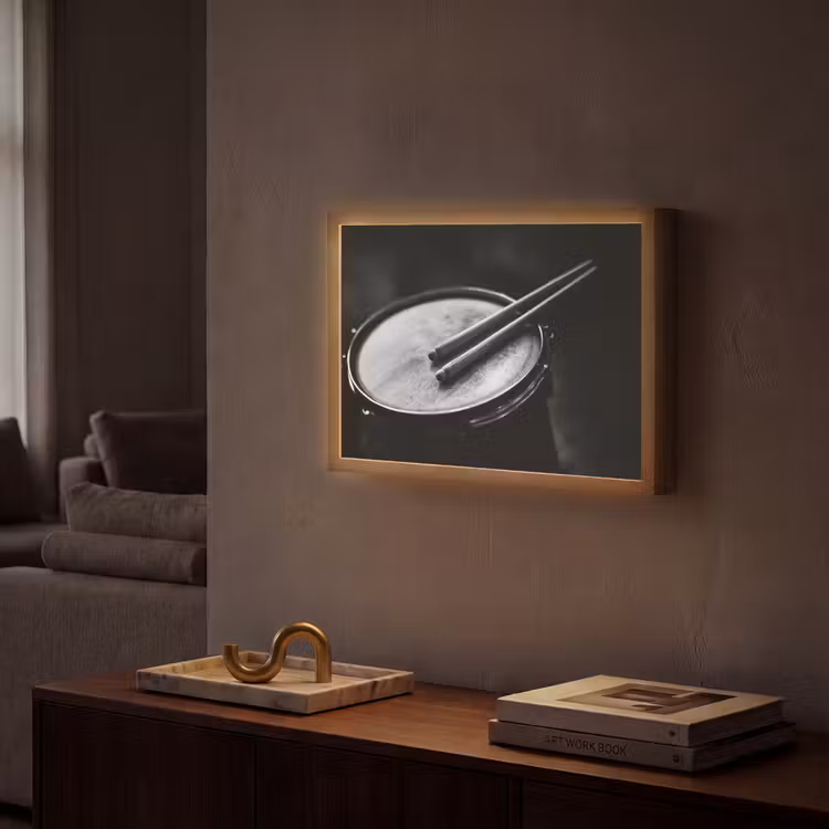 Trommel - Close-up - Drumstokken - Zwart Light Box met batterij (Wandlamp) middel -sfeer1