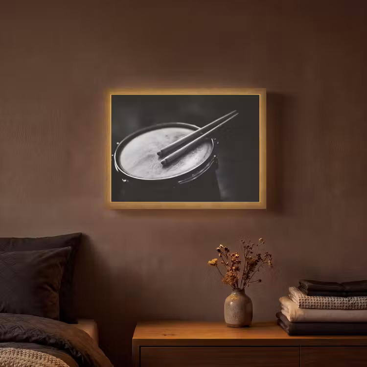 Trommel - Close-up - Drumstokken - Zwart Light Box met batterij (Wandlamp) middel -sfeer4