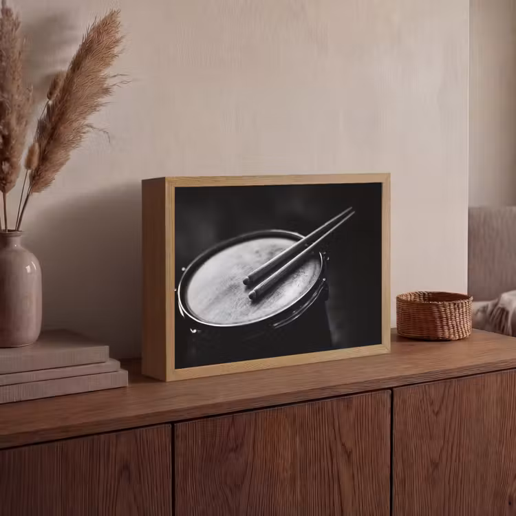 Trommel - Close-up - Drumstokken - Zwart Light Box met batterij (Wandlamp) middel -sfeer2
