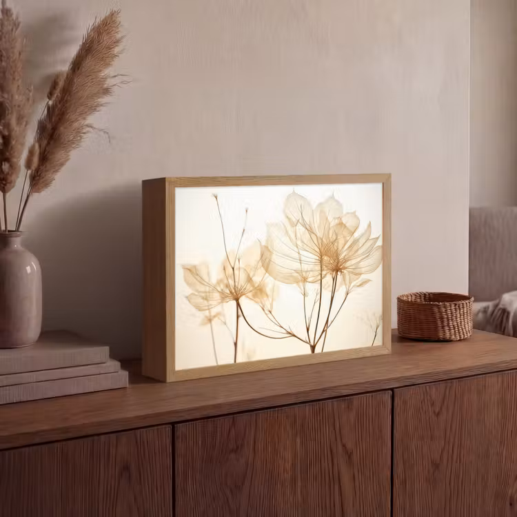 Droogbloemen - Beige - Planten - Wit Light Box met batterij (Wandlamp) middel -sfeer2