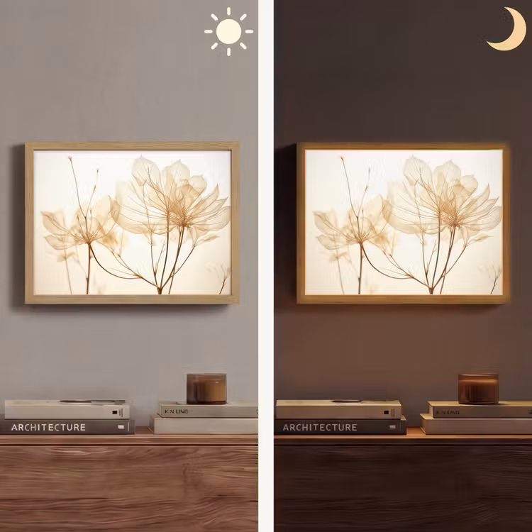 Droogbloemen - Beige - Planten - Wit Light Box met batterij (Wandlamp) middel -sfeer3