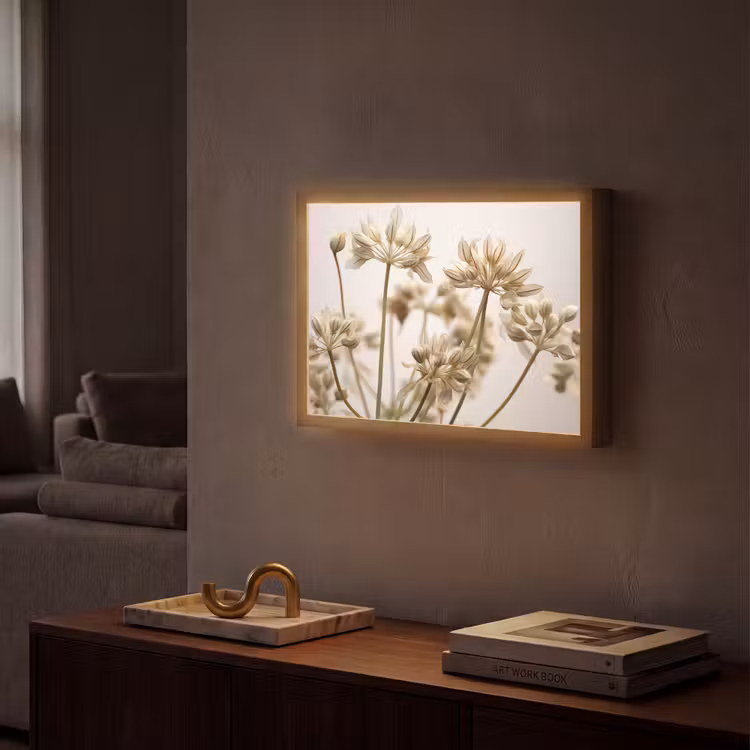 Droogbloemen - Beige - Wit - Planten Light Box met batterij (Wandlamp) middel -sfeer1