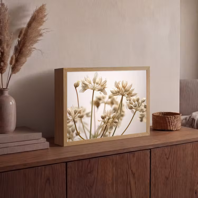 Droogbloemen - Beige - Wit - Planten Light Box met batterij (Wandlamp) middel -sfeer2