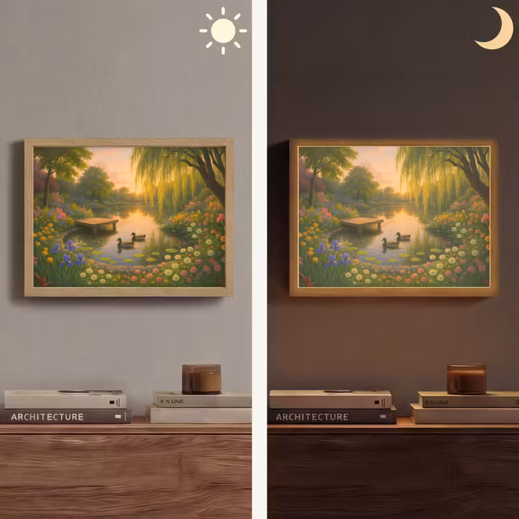 Eenden - Vijver - Bloemen Light Box met batterij (Wandlamp) middel -sfeer3