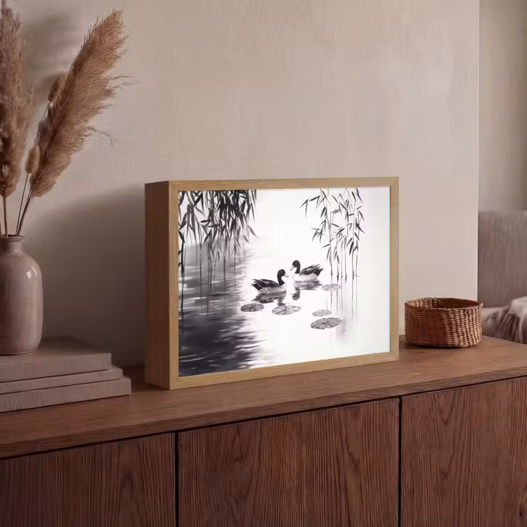 Eenden - Waterlelies - Riet - Zwart Light Box met batterij (Wandlamp) middel -sfeer2