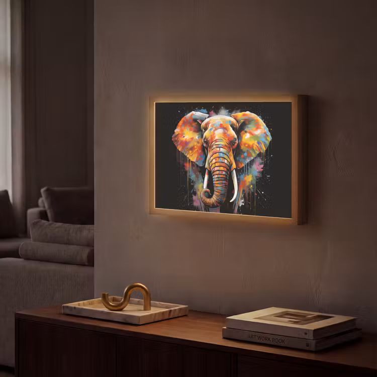 Olifant - Graffiti - Zwart - Dieren - Kleuren Light Box met batterij (Wandlamp) middel -sfeer1