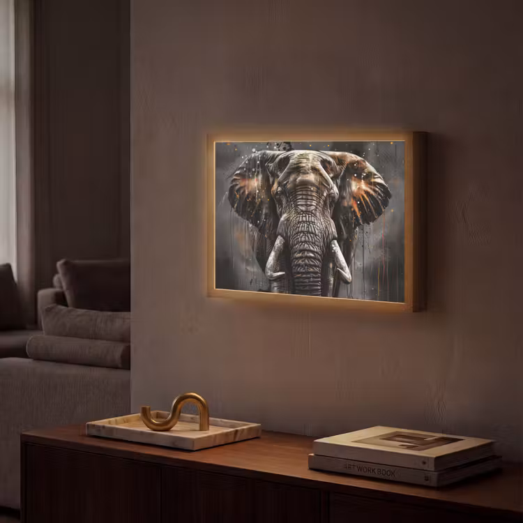 Olifant - Watercolor - Wilde dieren - Luxe Light Box met batterij (Wandlamp) middel -sfeer1
