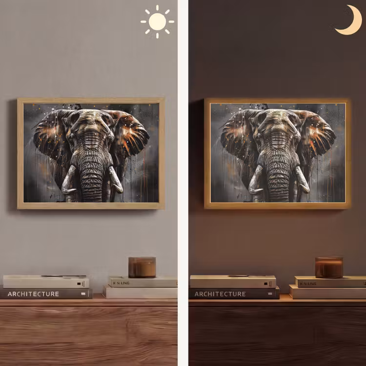 Olifant - Watercolor - Wilde dieren - Luxe Light Box met batterij (Wandlamp) middel -sfeer3