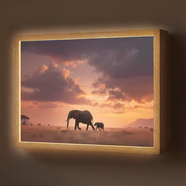 Olifanten - Grasland - Zonsondergang Light Box met batterij (Wandlamp) middel -z3d_website