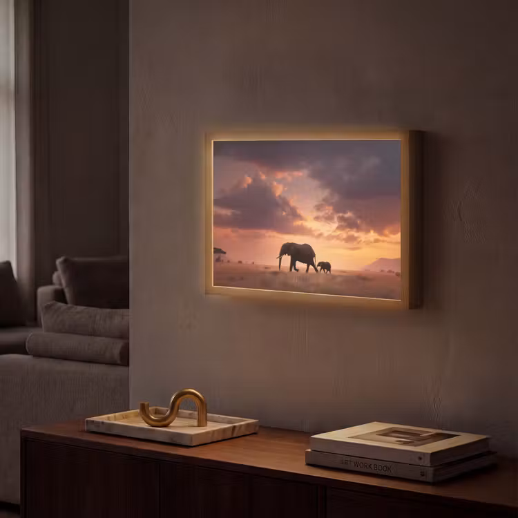 Olifanten - Grasland - Zonsondergang Light Box met batterij (Wandlamp) middel -sfeer1