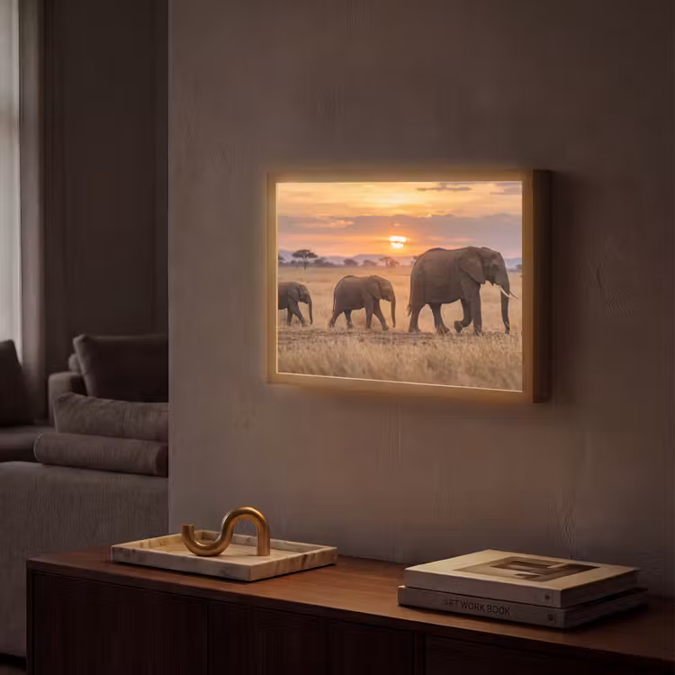 Olifanten - Savanne - Zonsondergang - Afrika - Warm Light Box met batterij (Wandlamp) middel -sfeer1