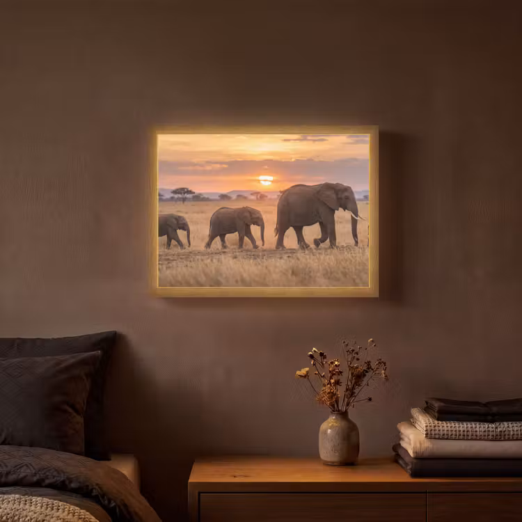 Olifanten - Savanne - Zonsondergang - Afrika - Warm Light Box met batterij (Wandlamp) middel -sfeer4
