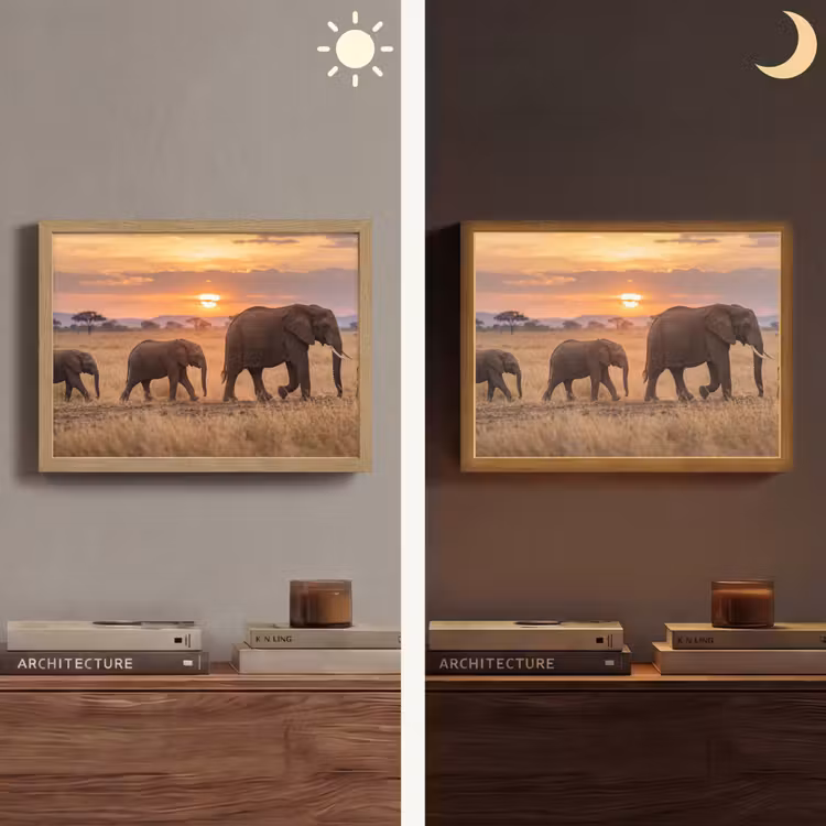 Olifanten - Savanne - Zonsondergang - Afrika - Warm Light Box met batterij (Wandlamp) middel -sfeer3