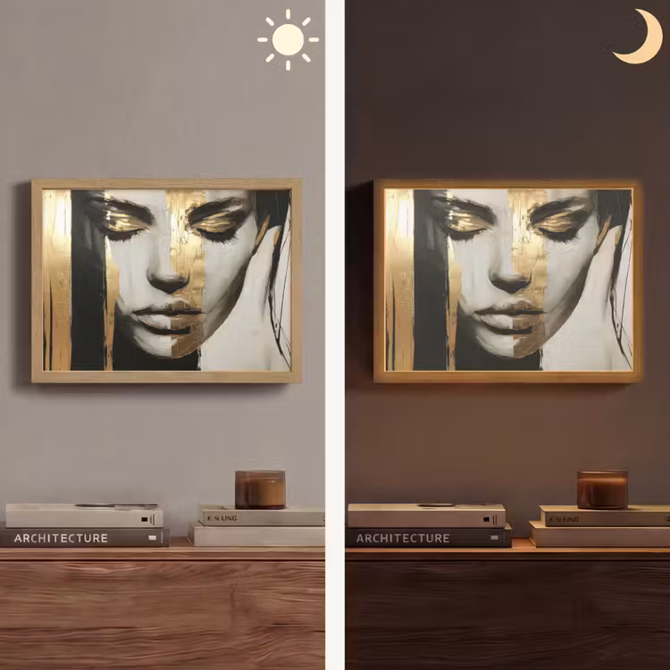 Ogen - Gezicht - Goud - Strepen Light Box met batterij (Wandlamp) middel -sfeer3