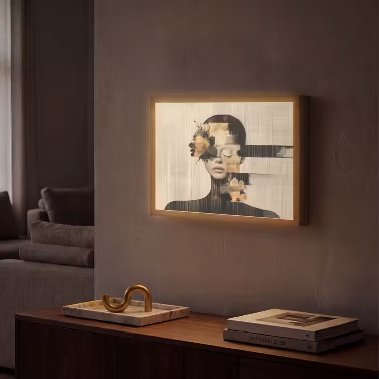 Gezicht - Bloemen - Zwart - Vrouw Light Box met batterij (Wandlamp) middel -sfeer1