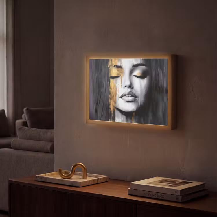 Gezicht - Vrouw - Penseelstreken - Abstract Light Box met batterij (Wandlamp) middel -sfeer1